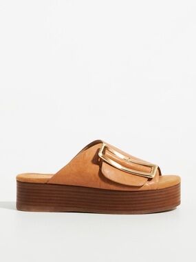 Kelsi Dagger Tan Leather Platform Slide with Gold Buckle